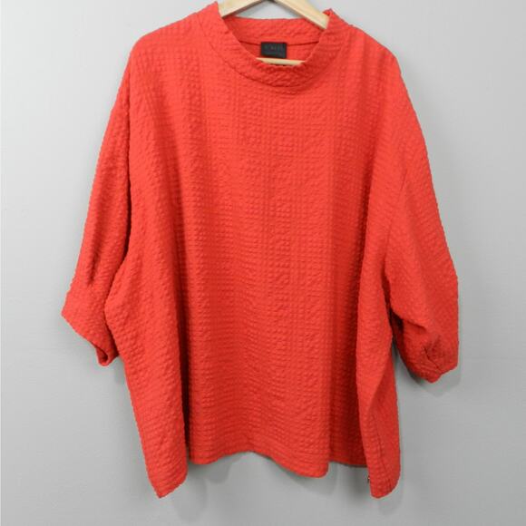 Q Neel Mock Neck Waffle Blouse Cajun Red Sz 18 Textured Knit Dolman Tunic Top - Picture 1 of 10